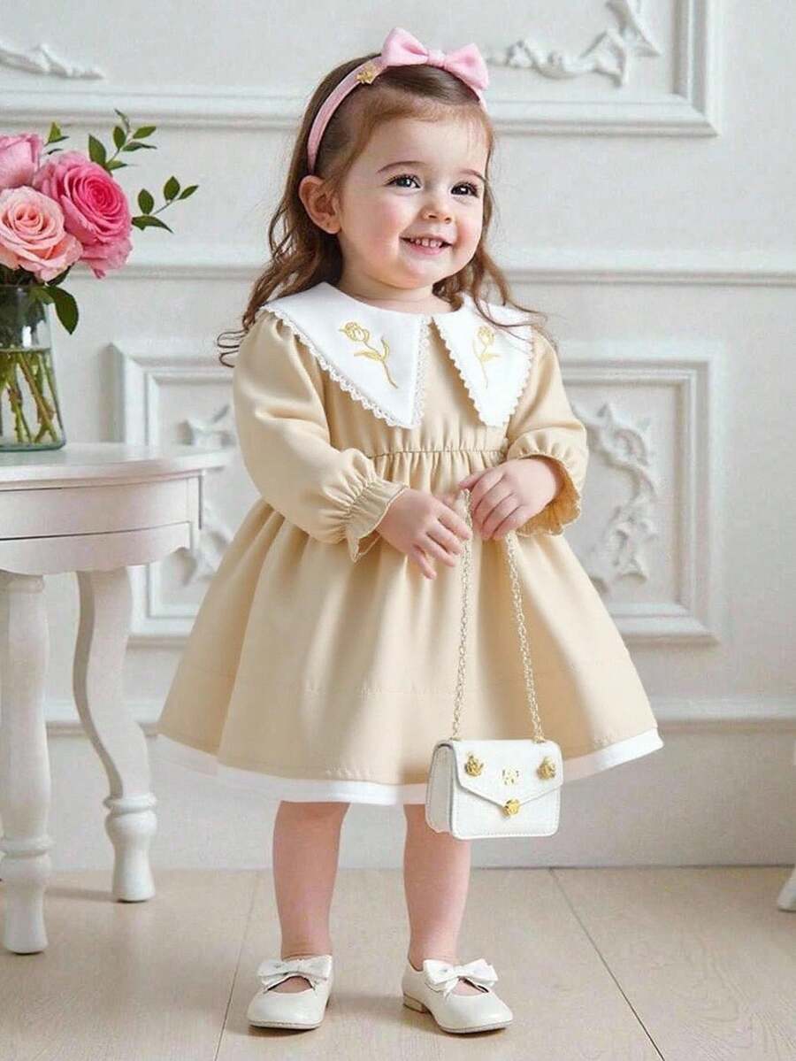 Souflis Souflis 2025秋冬新款优雅卡其色长袖翻领连衣裙，适合外出、上学、聚会、派对等场合 - 卡其色 - 查看 1