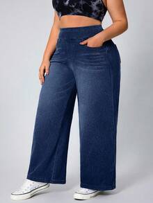 SHEIN CURVE+ Comfortable Plus Size Dark Wash Denim Jeans Straight Leg Long Pants Soft Tummy Control Four Way Stretch
