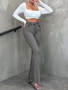 SHEIN Tall Women's High Waist Pocket Frayed Hem Casual Versatile Flare Jeans - Light Grey - View 5