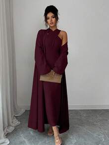 Elenzga Ensemble tricoté minimaliste élégant de couleur unie avec col croisé, robe fourreau à col ras-du-cou de couleur unie, cardigan long minimaliste de style vintage de couleur unie, convient pour le travail et les sorties - Rouge foncé - Voir 5