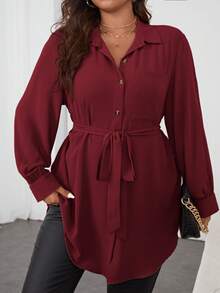 Firerie Plus Patched Pocket Belted Shirt Spring To Summer - Burgundy - View 6