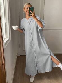 DAZY 條紋中長洋裝附荷葉邊下擺，女款休閒居家睡衣 - 淺灰色 - 查看 5