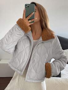 Livesso Women's Casual Contrast Color Patchwork Faux Fur Collar Short Jacket, Quilted Loose Streetwear Padded Coat For Autumn/Winter - Light Grey - View 1