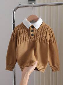 SHEIN Young Boy Solid Color Long Sleeve Knitted Cable Casual Pullover Sweater Toddler Boy Toddler Boys 8 Years Old Boy Knitwear Boys Autumn Winter Casual Two Piece Set Wednesday Addams Cotton Winter Sweaters For Kids - Apricot - View 1