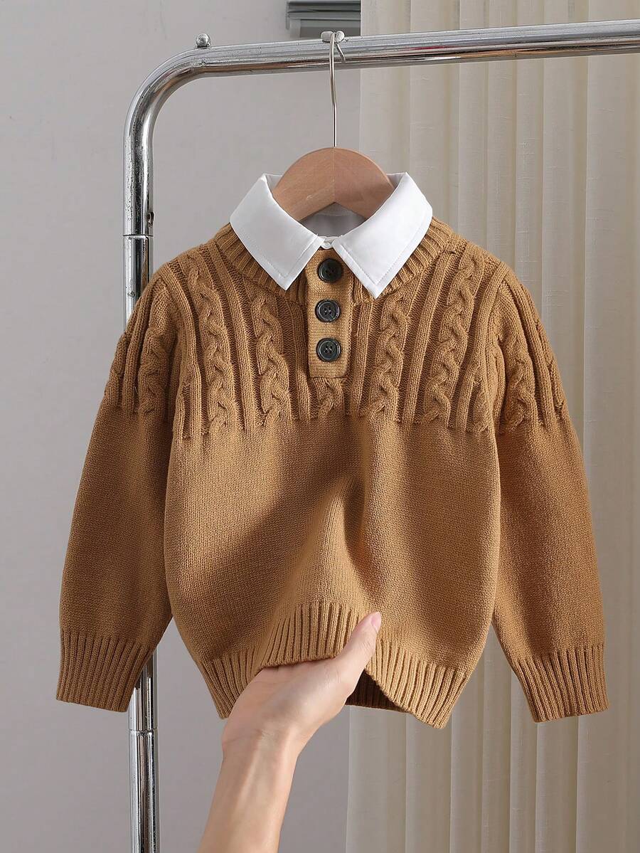 SHEIN Young Boy Solid Color Long Sleeve Knitted Cable Casual Pullover Sweater Toddler Boy Toddler Boys 8 Years Old Boy Knitwear Boys Autumn Winter Casual Two Piece Set Wednesday Addams Cotton Winter Sweaters For Kids - Apricot - View 1