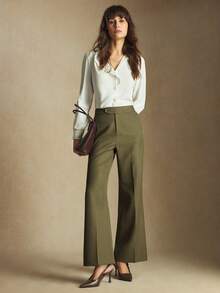 BizChic 2025秋冬新款绿色斜插口袋喇叭裤，优雅浪漫的OL正装，适合职场、商务、休闲、婚礼宾客、派对、演出、日常、万圣节、圣诞节、国庆节、新年等场合。 - 軍綠色 - 查看 3