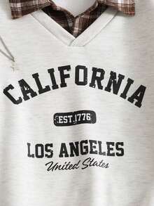 少女休闲套头卫衣，适合上学和通勤，二合一设计，带衬衫领，印有数字和字母，豹纹图案，宽松版型