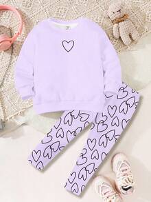 SHEIN Happikins 2pcs/Set Young Girl Casual Loose Fit Heart Pattern Round Neck Long Sleeve Sweatshirt And Leggings, Suitable For Autumn/Winter Winter Young Girls Sets Tween Girl Lavender Outfits Cozy And Cute Lavender Sweatshirt Kids Girls Comfy Set Sweatshirt Set For Girl