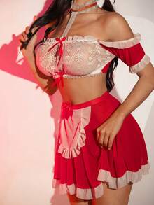 Fantasy Costume 3 Peças Conjunto de Lingerie de Renda Retalhos de Natal para Mulheres - Vermelho e Branco - Visão 6