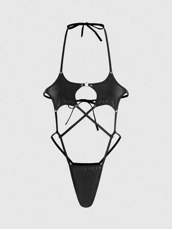 Grunge Punk Tuta sexy in PU con rivetti e pentagramma stile punk scuro per feste