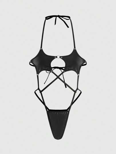 Grunge Punk Women's Dark Punk Rivet Pentagram PU Sexy Jumpsuit For Party