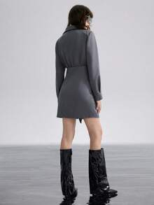 SHEIN ChicEase Women's Long Sleeve Pleated Tie-Waist Split Hem Shirt Dress, Autumn/Winter - Grey - View 2