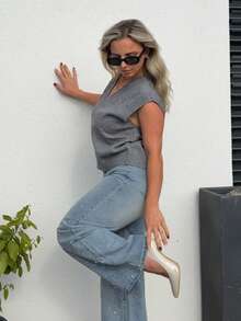 Jeta Ari Maglia smanicata donna in maglia larga con scollo a V, autunno e inverno, abbigliamento back to school - Grigio Scuro - Visualizzare 5