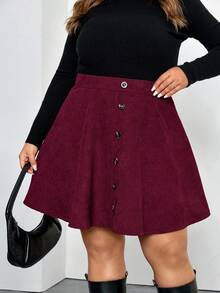 SHEIN CURVE+ Chân váy chữ A tối giản màu trơn cỡ lớn cài nút phía trước, mặc thường ngày - Màu Đỏ Sâu - Xem 3