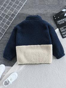 SHEIN Genkimix Kids Áo khoác thường ngày dáng rộng tay dài họa tiết chữ của chàng trai trẻ, mùa thu đông - Xanh đậm - Xem 2