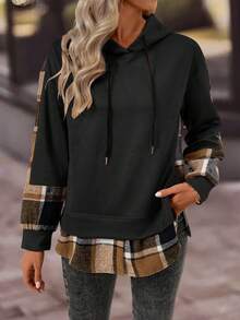 EMERY ROSE 女式格子拼接长袖休闲抽绳连帽运动衫 - 黑色 - 查看 6