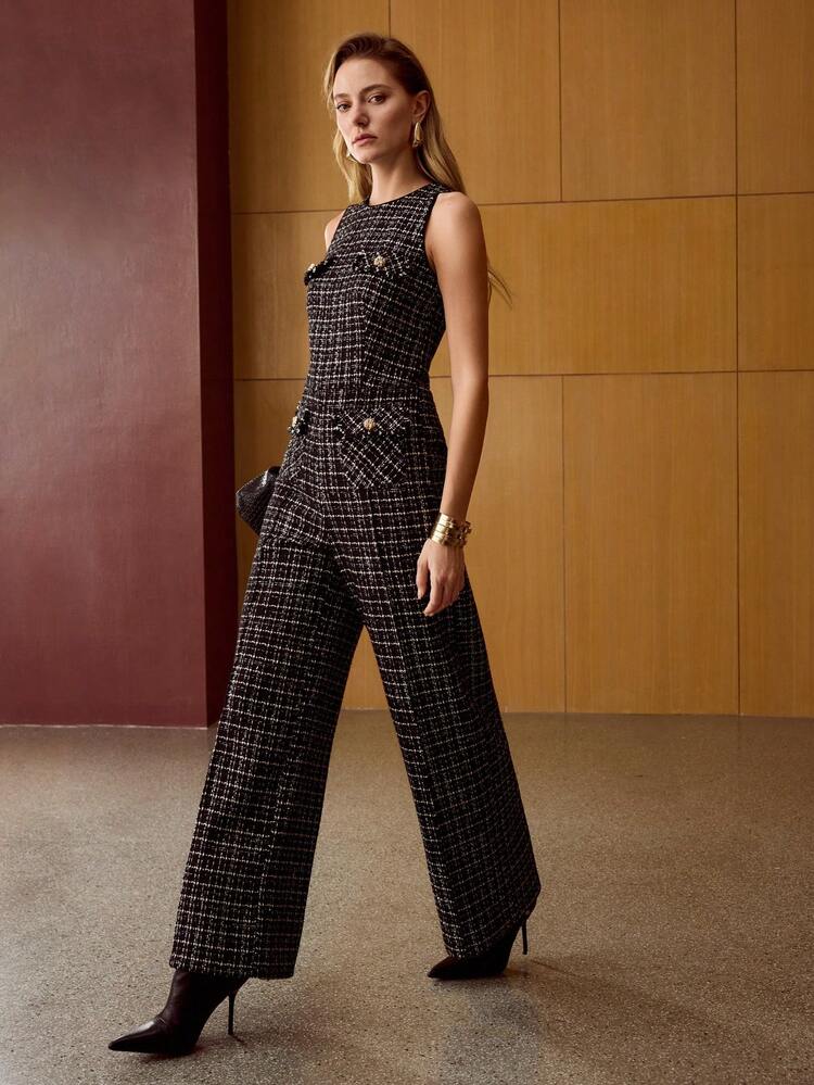MACACÃO FEMININO SEM MANGAS DE TWEED XADREZ