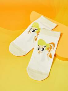 LOONEY TUNES X SHEIN Women Cartoon Pattern Cute White Ankle Socks - Yellow - View 3