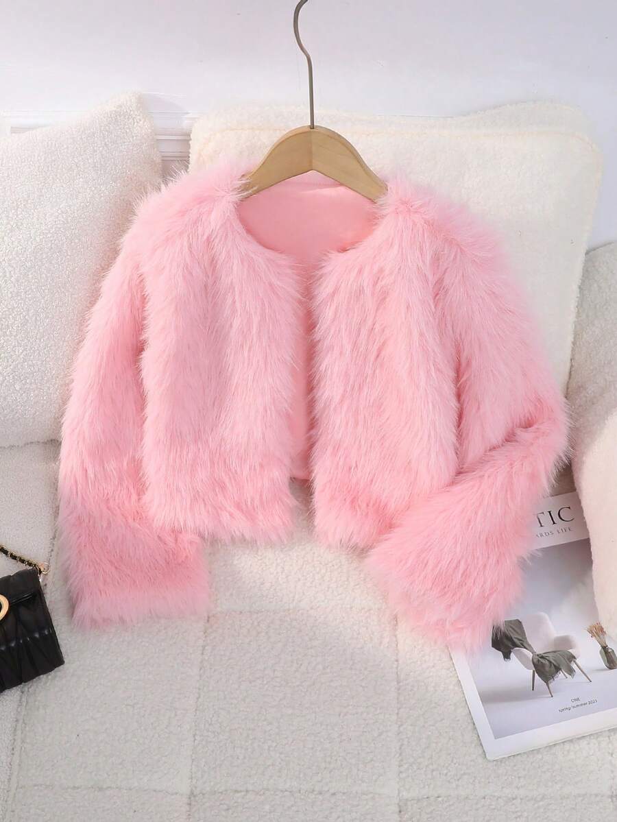 SHEIN Girls Casual Faux Fur Jacket, Cute & Fashionable Style, White Fluffy Comfortable, Suitable For Spring, Summer, Autumn, Outings, Shopping, Parties - Pink - View 1