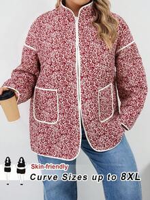 SHEIN CURVE+ Abrigo acolchado con estampado todo sobre hombros caídos, talla grande, otoño/invierno - Rojo y blanco - View 10