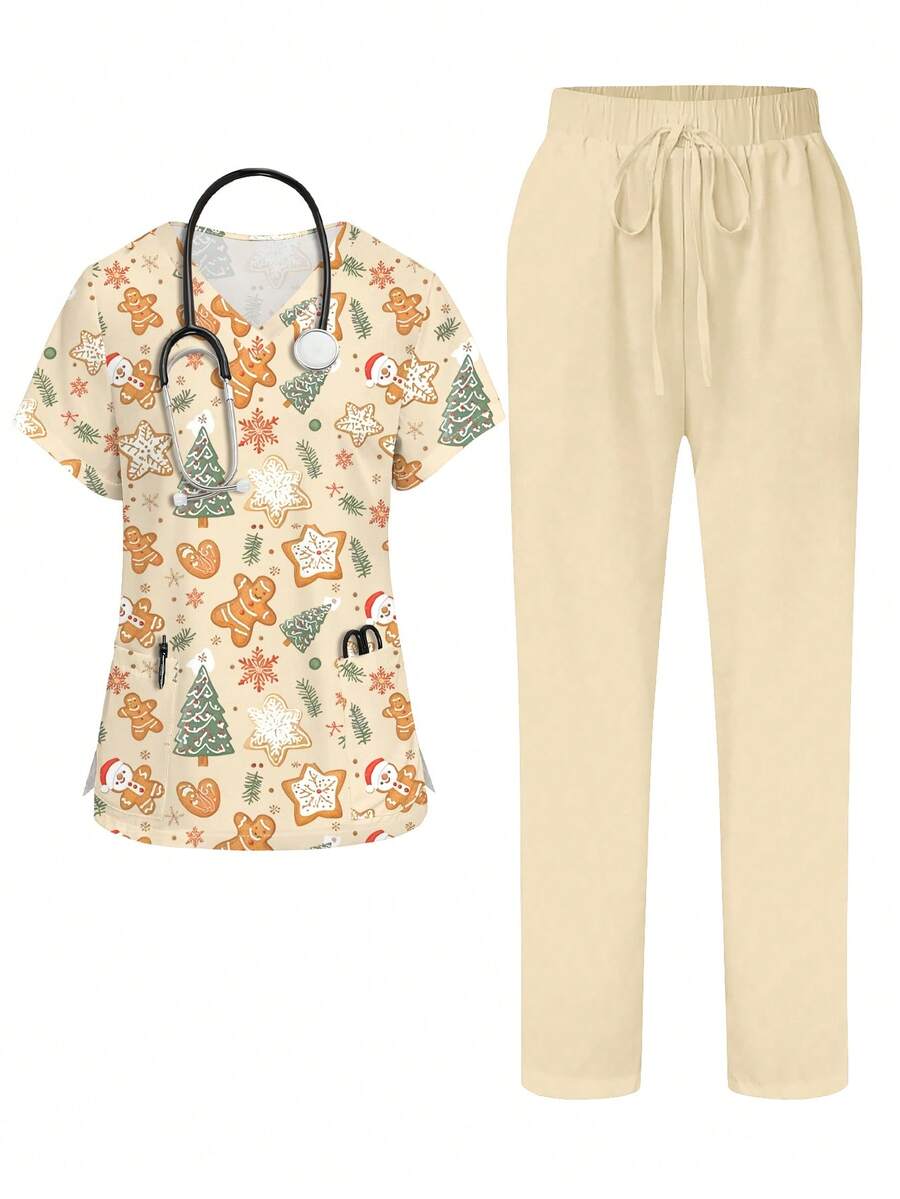 PopScrub Bộ đồng phục y tá phẫu thuật cổ chữ V tay ngắn có túi in hình người bánh gừng Giáng sinh, bánh quy, cây thông Noel cho nữ - Nhiều màu - Xem 1