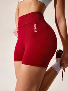Core Rhythm 无缝运动瑜伽短裤/V 型后腰/高腰褶皱蜜桃臀/字母设计/修身版型，专为户外跑步、瑜伽、普拉提和健身房锻炼设计 - 酒紅色 - 查看 1