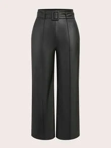 SHEIN PETITE Quần ống đứng trơn PU tối giản dành cho nữ, trang phục thường ngày, phù hợp cho mùa thu/đông, nâng cấp nhỏ nhắn - màu đen - Xem 12