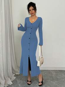 Elenzga Women's Front Button Flare Sleeve Sweater Dress - Blue - View 5