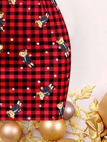 SHEIN EZwear Lässiges minimalistisches Weihnachts-Rot-Karomuster Bär-Muster ärmelloses Kleid für Frauen, geeignet für Weihnachten, geeignet für Partys - Verschiedenfarbig - Übersicht 4