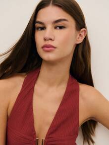 Nöista This Elegant Brown Top Features A Halter Neckline, Ruched Bust, And Metal Detail For A Modern Touch. Made From Soft Textured Fabric, It's Perfect For Layering During Spring Break Outfits. Ideal For Birthday Outfits For Women Clothes Gatherings, Elegant Celebrations, Or Stylish Women's Spring Break Outfits Clothes Collections. - Dusty Pink - View 6