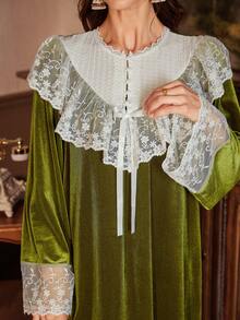 PalaceNights Women's Velvet Luxury Embroidered Floral Lace Trim Loose Long Sleeve Nightgown, Winter, Moo Moo Night Dress - Green - View 8