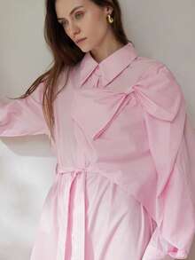 Aveloria Modichic Robe chemise à manches longues avec col chauve-souris décoré d'un nœud papillon, taille cintrée, ouverture devant, style minimaliste et élégant, rose clair - Rose bonbon - Voir 2