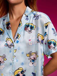 THE POWERPUFF GIRLS X SHEIN 女士可爱泡泡图案短袖上衣短裤睡衣套装，夏季睡衣，女士夏季睡衣套装，纽扣睡衣套装，性感睡衣 - 藍色 - 查看 5