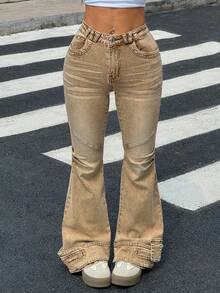 SHEIN EZwear Women's Solid Color Minimalist Everyday Denim Jeans - Brown - View 6