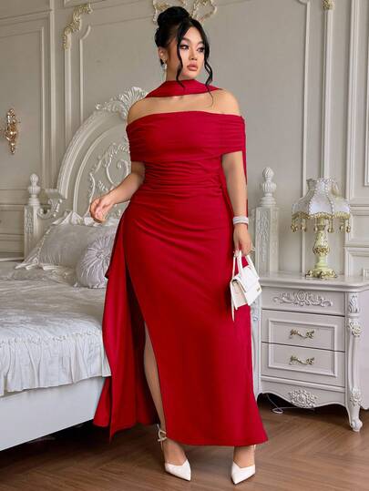 Roveilla Vestido de fiesta elegante con hombros descubiertos, abertura y silueta ceñida para mujer de talla grande. Vestido maxi con espalda descubierta para fiesta de Navidad, ocasión formal. Vestido rojo de hombros caídos para mujer de talla grande, vestido de noche de talla grande, vestido rojo curvilíneo, vestido de fiesta rojo