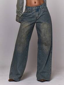 MUSERA Washed Back Pocket Mid Rise Wide Leg Belt Loop Detail Denim Jeans Autumn Winter Fall Going Out Everyday Night Out Casual Cool Streetwear Washed  Chic Spring Summer - Light Wash - View 2