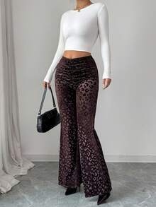 SHEIN Elenzya Women's Elegant French Style Casual Leopard Print Pleated Slim Fit Flare Pants, Suitable For 20-35+ Women For Daily, Office, Holiday, And Date Wear, Autumn/Winter