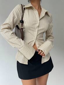 Aloruh Women's Casual Commuter Striped Cinched Waist Shirt - Yellow - View 3