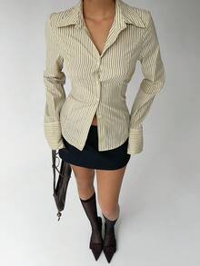 Aloruh Women's Casual Commuter Striped Cinched Waist Shirt - Yellow - View 6