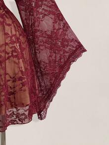SHEIN ICON Plus Size Square Neck Ruched Lace Flare Sleeve Contrast Color Dress, Y2K Party Dress, Halloween Costume, Witch - Burgundy - View 3