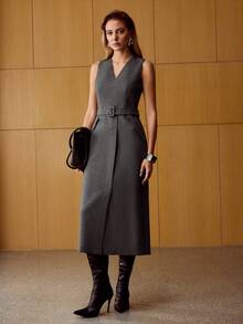 MOTF PREMIUM 羊毛优雅系腰带通勤连衣裙，冬季 - 灰色 - 查看 5