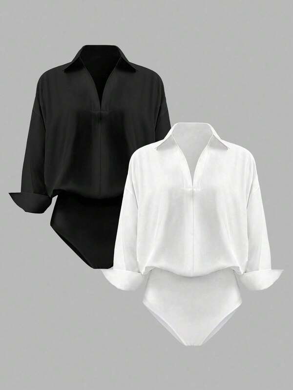 Airaco Women's Elegant Fashion Turndown Collar Long Sleeve Bodysuit, Black & White 2 Pieces Set