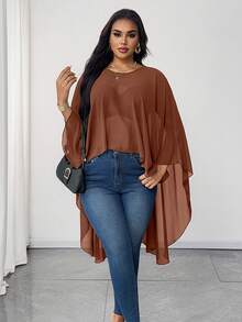 Maweii 大码纯色圆领不对称下摆优雅衬衫 - 駝色 - 查看 2