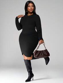 SHEIN PETITE CURVE Herbst Langarm Raffung Taille figurbetontes schwarzes Kurzkleid für Frauen - Schwarz - Übersicht 5
