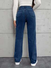 SHEIN Tall 高码100%纯棉斜口袋直筒牛仔裤 - 深色水洗藍 - 查看 2