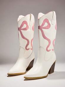 SHUZIA Women's Glamorous Point Toe Block Heel Embroidery Mid-Calf Cowgirl Boots