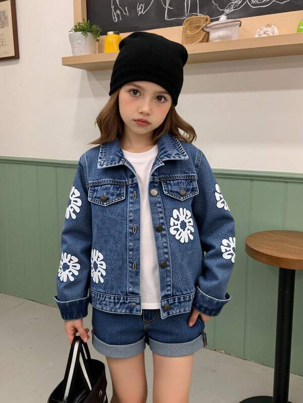 Young Girls Cute Style Denim Jacket, Vintage Mid-Blue Denim Color With White Floral Print, Fitted Silhouette, Comfortable Soft Fabric, Fashionable For Daily Wear And Commuting, Suitable For Spring, Summer, Autumn And Winter