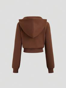 Sweetra Women's Korean Style Brown Cinched Waist Zip-Up Short Sweatshirt, Casual & Sports, Autumn/Winter - Coffee Brown - View 2