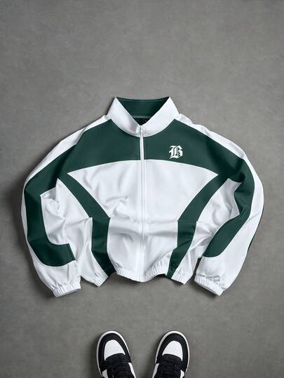 PAVTROS Herr Casual Sportig Stil Bokstavstryck Kontrastfärg Stand Collar Dragkedja Långärmad Jacka, Höstjerseyjacka Crop Jacka Herr 90-tals Sportig Herr Beskuren Dragkedja Herr Träningsjacka