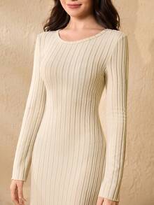 Elegant Minimalist Fashion Daily Round Neck Raglan Long Sleeve Cinched Waist Snug Fit Dress, Soft Ribbed Knit Fabric, Apricot Color, Versatile All-Match Slip Dress For Teenage Girls, Autumn/Winter - Apricot - View 3